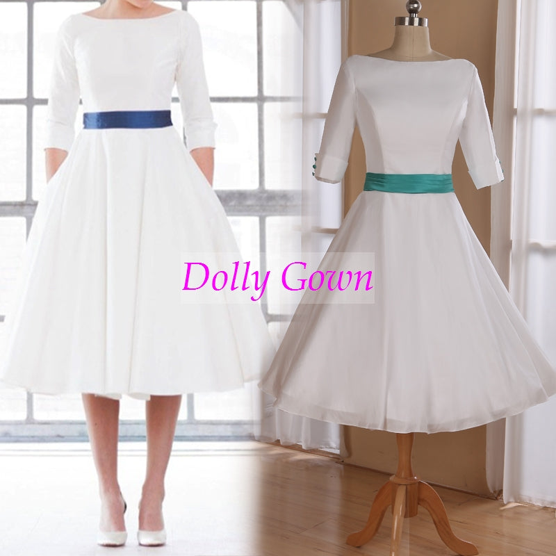 Backless 50s Tea Length Wedding Dress with Sleeves,Deep V Back Vintage Short Wedding Gown with Pockets,DO025-Dolly Gown