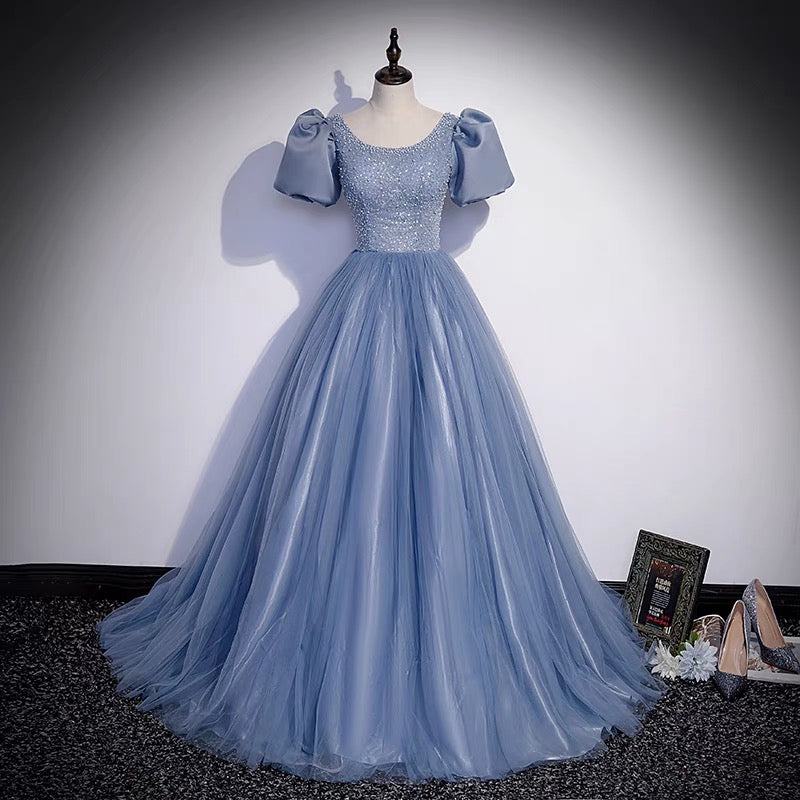 Ball Gown Dusty Blue Prom Dress with Bubble Sleeves - Dollygown