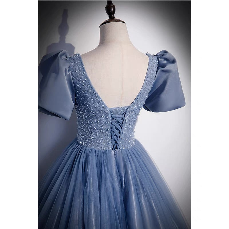 Ball Gown Dusty Blue Prom Dress with Bubble Sleeves Ball Gown Dusty Blue Prom Dress with Bubble Sleeves
