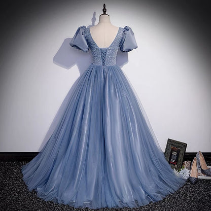 Ball Gown Dusty Blue Prom Dress with Bubble Sleeves - Dollygown
