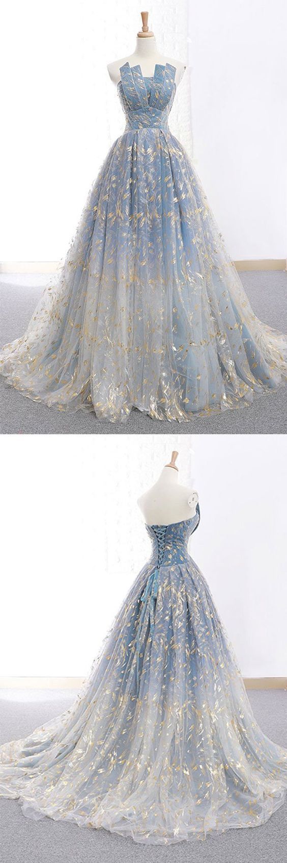 Ball Gown Blue Prom Dress with Delicate Gold Leaf Lace Ball Gown Blue Prom Dress with Delicate Gold Leaf Lace