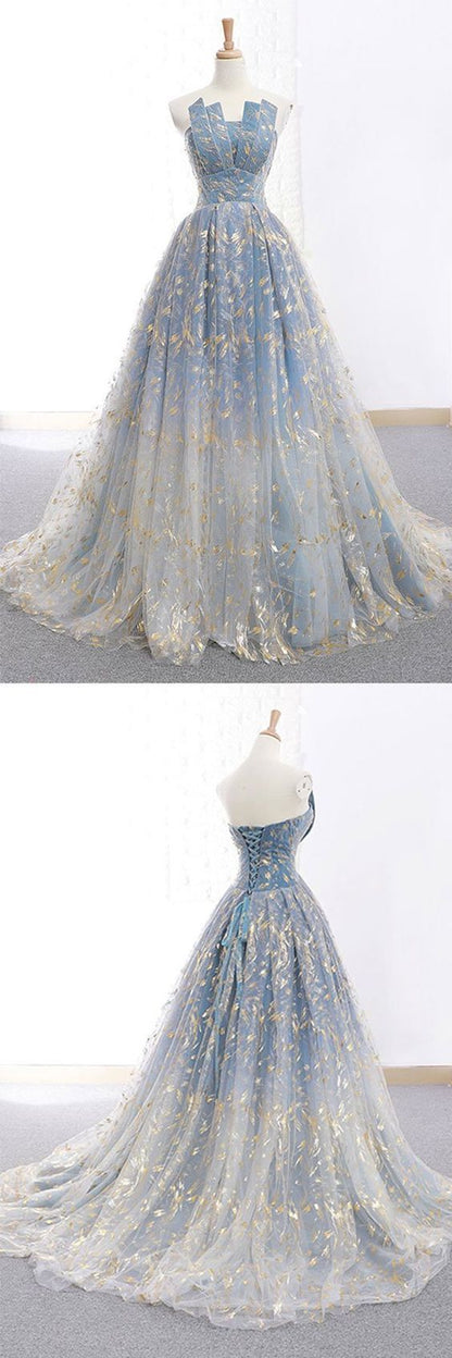 Ball Gown Blue Prom Dress with Delicate Gold Leaf Lace, GDC1073-Dolly Gown