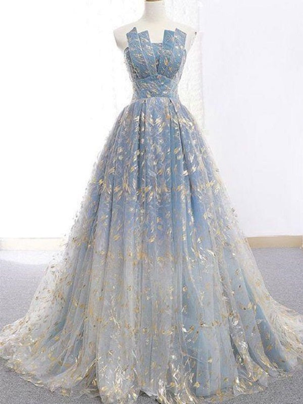 Ball Gown Blue Prom Dress with Delicate Gold Leaf Lace, GDC1073-Dolly Gown
