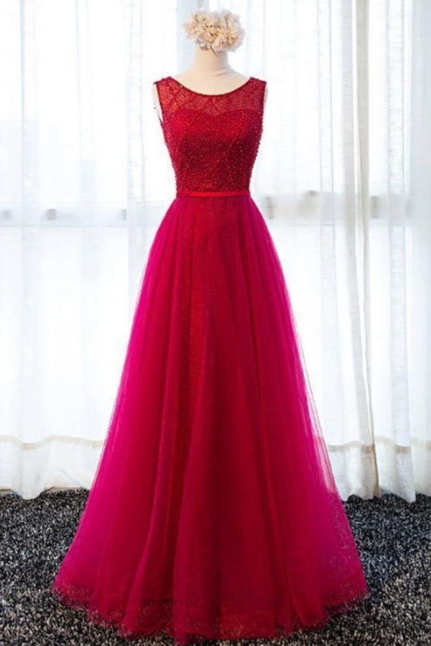 Bateau Neck Red Tulle Modest Prom Dress - DollyGown