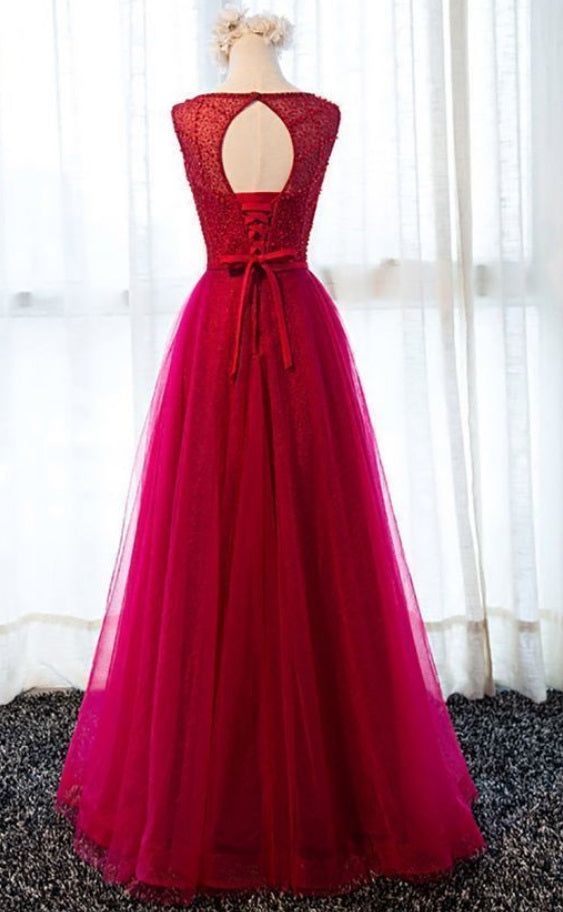 Bateau Neck Red Tulle Modest Prom Dress Bateau Neck Red Tulle Modest Prom Dress