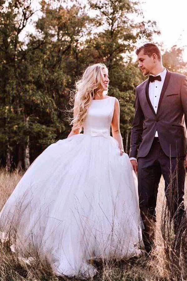 Modest Bateau Neck Satin Tulle Low Back Fall Wedding Dress,GDC1232-Dolly Gown