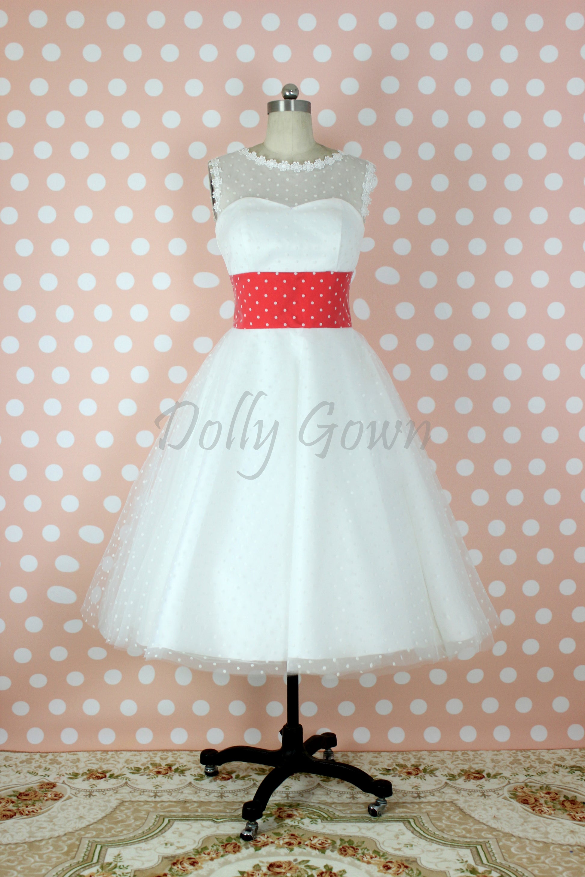 Bateau Polka Dots 50s Style Tea Length Wedding Dress with Red Waist Panel, GDC1521-Dolly Gown