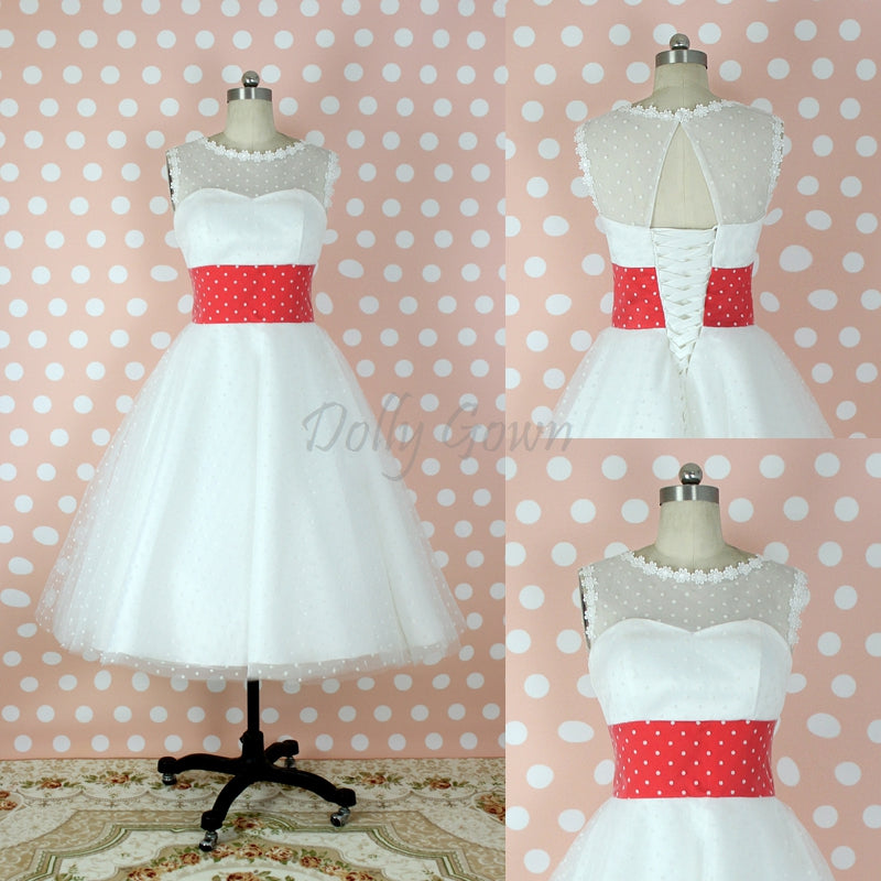 Bateau Polka Dots 50s Style Tea Length Wedding Dress with Red Waist Panel