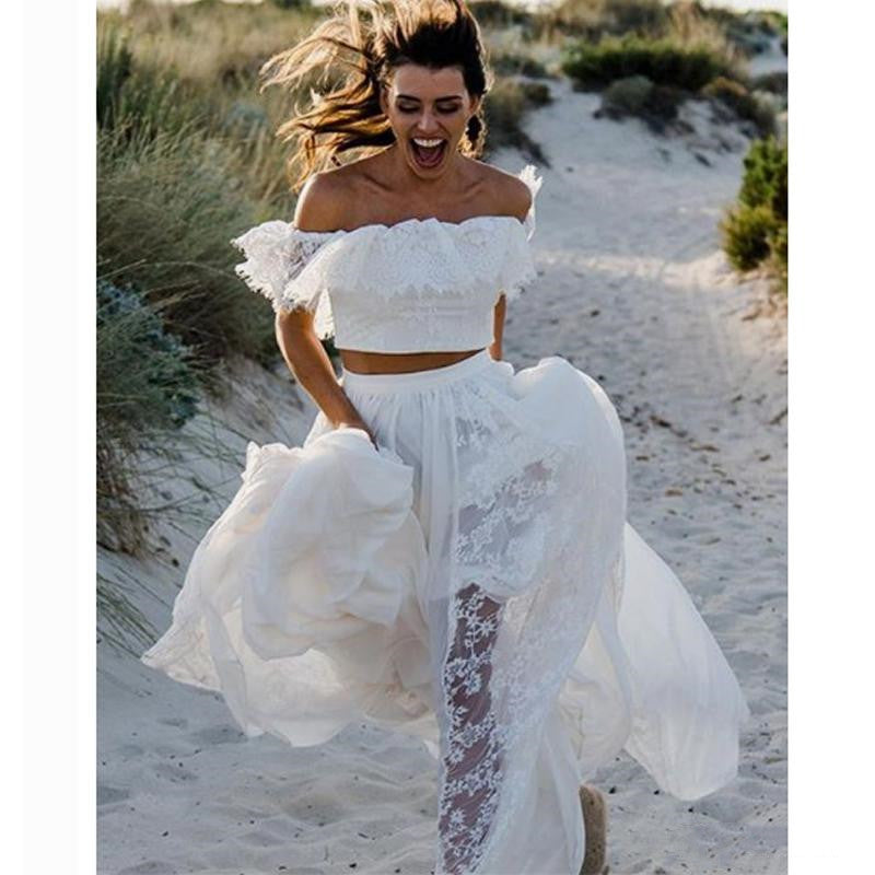 Beach Flowy Off the Shoulder Two Piece Lace Wedding Dress,Casual Bridal Separates,20082695-Dolly Gown
