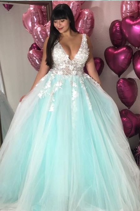 Beautiful Plus Size V neck Mint Green Tulle Lace Applique Prom Dress,GDC1342-Dolly Gown