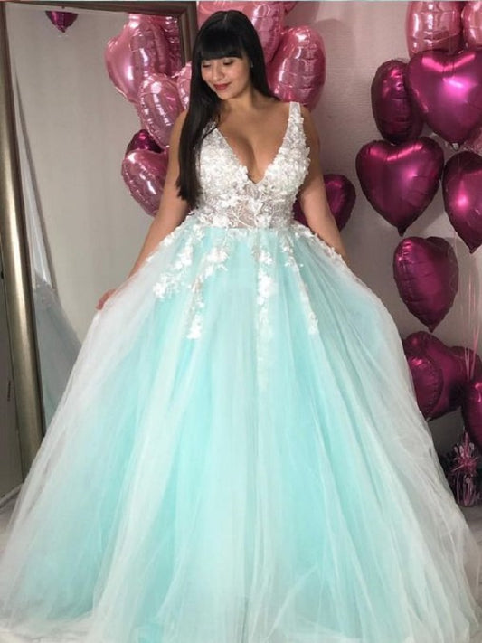 Beautiful Plus Size V neck Mint Green Tulle Lace Applique Prom Dress,GDC1342-Dolly Gown