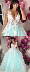 Beautiful Plus Size V neck Mint Green Tulle Lace Applique Prom Dress,GDC1342-Dolly Gown