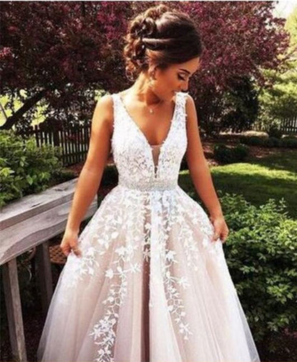 Beautiful Tulle Lace Appliques Plunge V neck Long Occasion Prom Dress,GDC1164-Dolly Gown