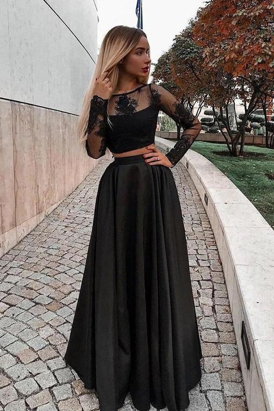 Black Fashion Long Sleeved Lace Two Piece Prom Formal Dress,20081911