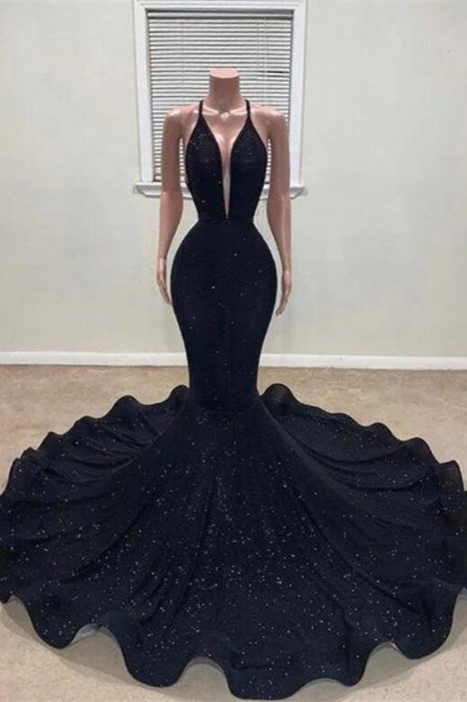 Black Fit and Flare Sequins Prom Dress for Curvy Girl - DollyGown