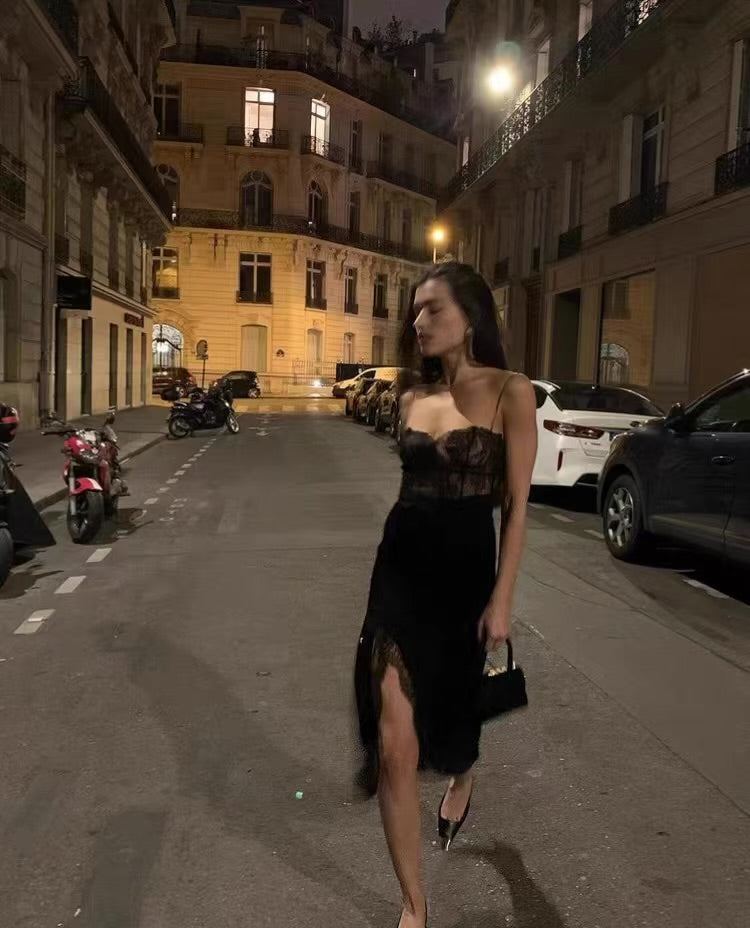 Black Lace French Style Midi Slip Dress - DollyGown