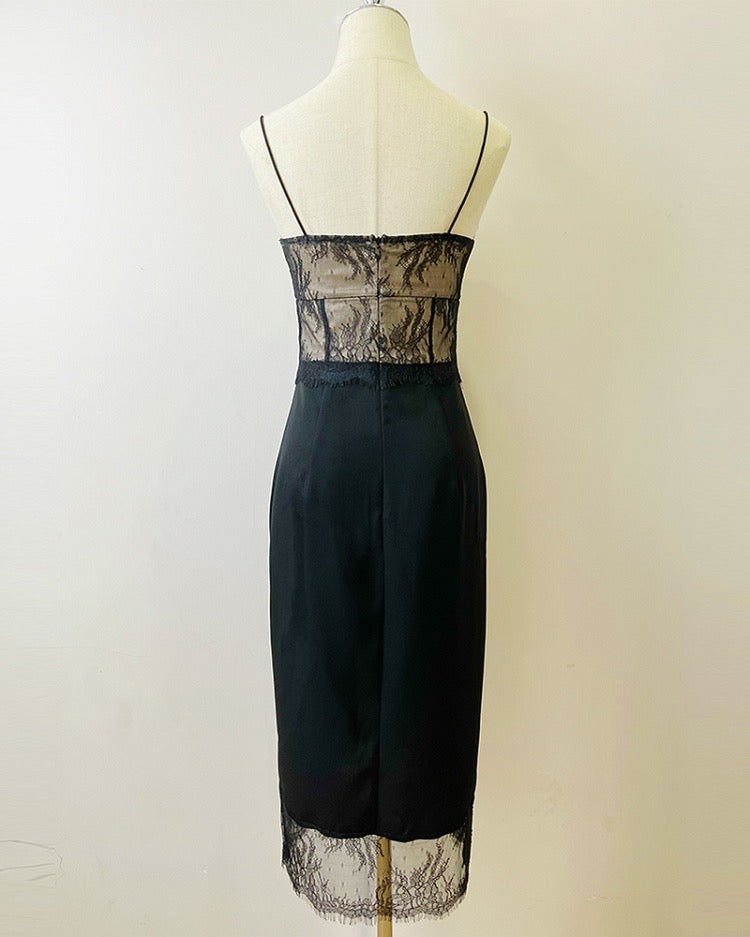 Black Lace French Style Midi Slip Dress - DollyGown