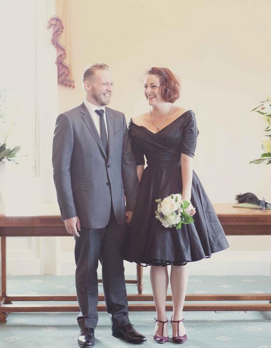 Black Off Shoulders Vintage Style Short Wedding Dress with Sleeves for Older Brides Black Off Shoulders Vintage Style Short Wedding Dress with Sleeves for Older Brides
