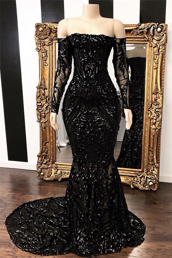 Black Sequins Mermaid Wedding Guest Dress with Sleeves -