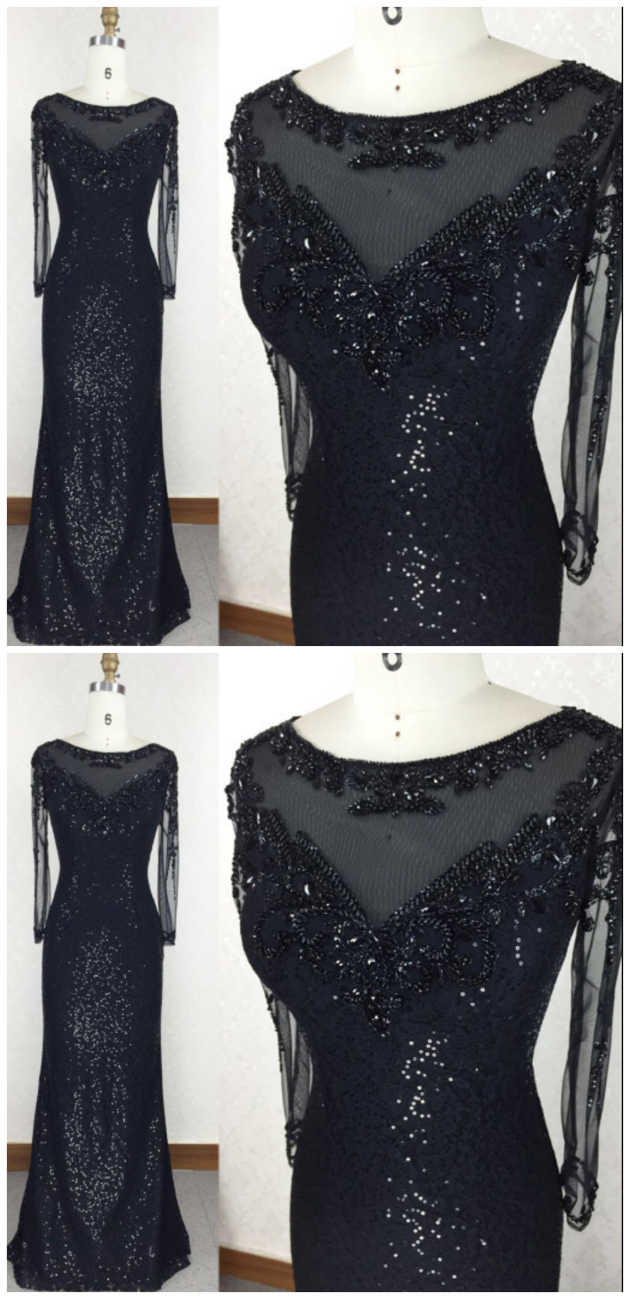 Black Sequins Tight Evening Dress Prom Dress with Sleeves -DollyGown