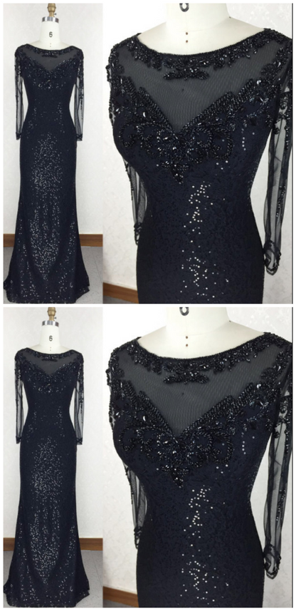 Black Sequins Tight Evening Dress Prom Dress with Sleeves -DollyGown