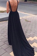 Black Backless Plunge V Neck A-line Prom Dress with Chapel Train,Occasion Dress,GDC1276-Dolly Gown
