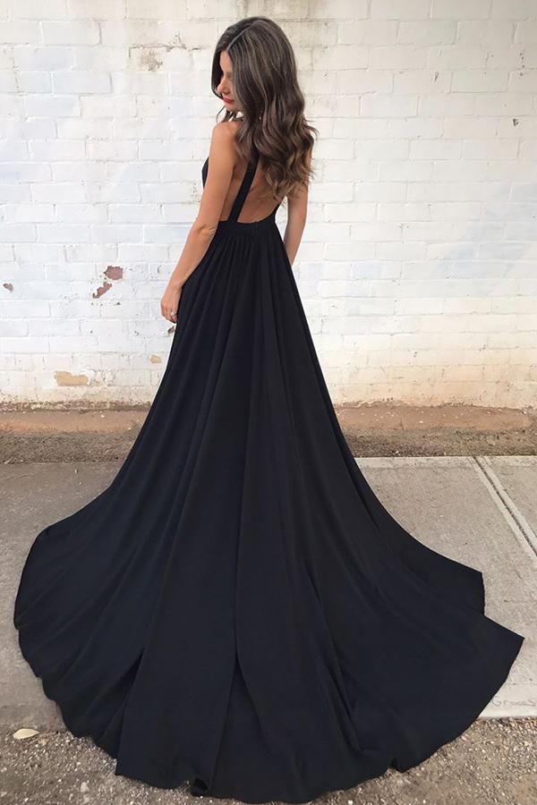 Black Backless Plunge V Neck A-line Prom Occasion Dress with Chapel Train