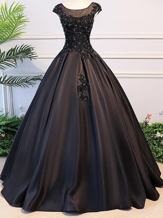 Black Ball Gown Illusion Neck Cap Sleeves Prom Dress Graduation Ball Gown