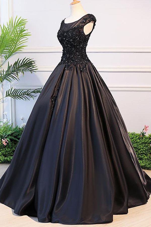 Black Ball Gown Illusion Neck Cap Sleeves Prom Dress Graduation Ball Gown Black Ball Gown Illusion Neck Cap Sleeves Prom Dress Graduation Ball Gown