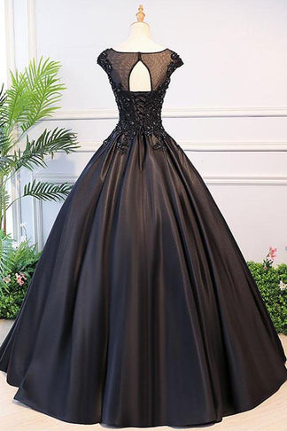 Black Ball Gown Illusion Neck Cap Sleeves Prom Dress Graduation Ball Gown