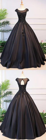 Black Ball Gown Illusion Neck Cap Sleeves Prom Dress,Graduation Ball ...