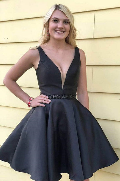 Black Plunge V neck Satin Short Prom Dress with Beading Waist,Sweet 16 Dress,GDC1320-Dolly Gown