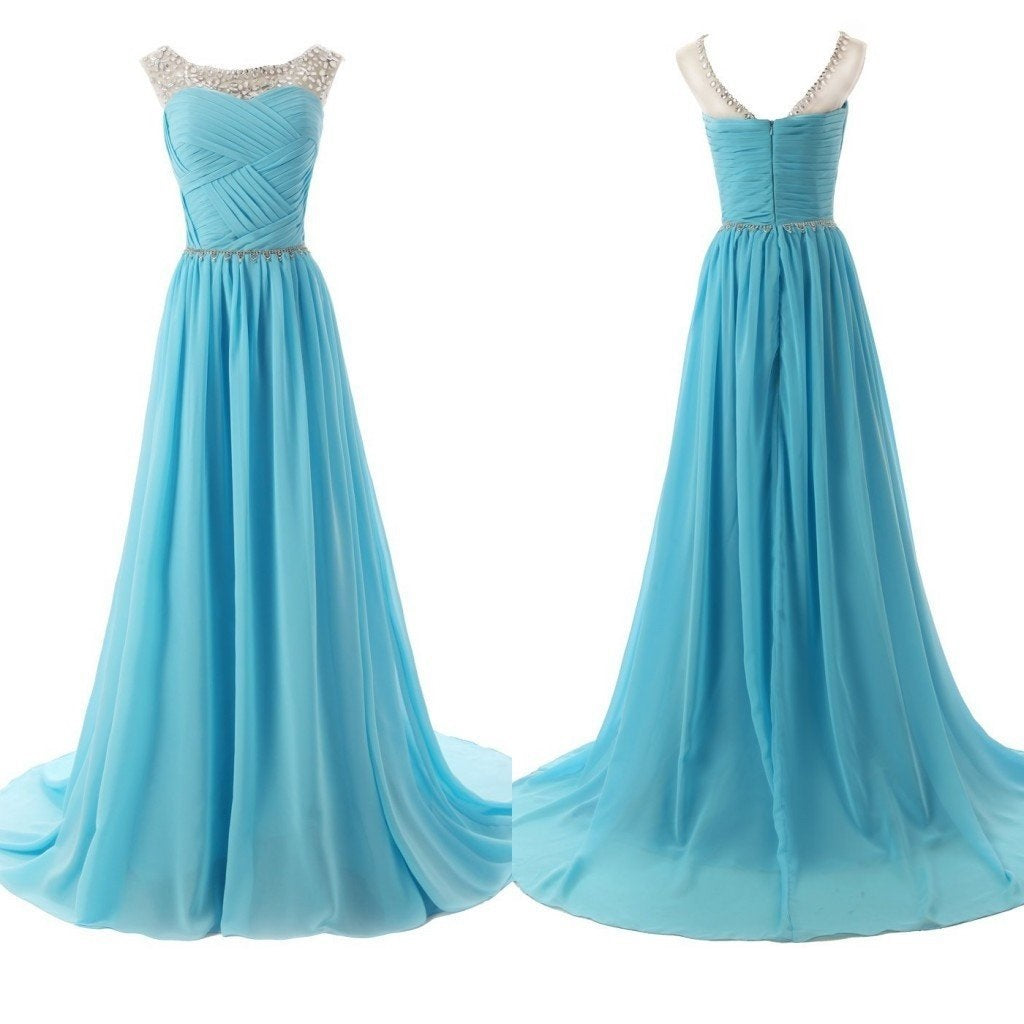 Illusion Neck Long Chiffon Dresses with Beaded Slate Blue