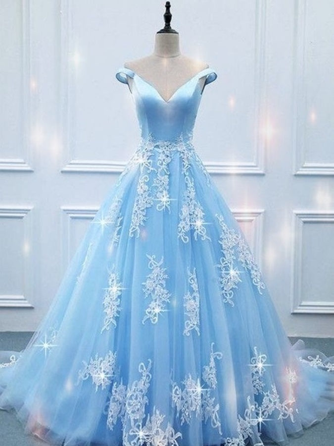 Blue Off Shoulders Lace Puffy Prom Dress - DollyGown