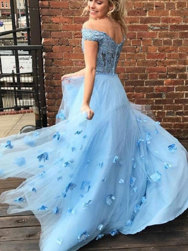 Blue Pretty Off the Shoulder Lace Two Piece Long Prom Dress with 3D flowers,20082201-Dolly Gown
