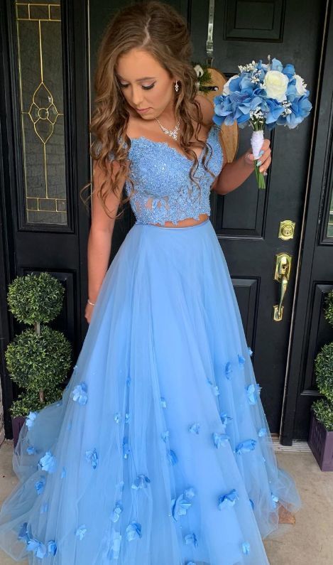 Blue Pretty Off the Shoulder Lace Two Piece Long Prom Dress with 3D flowers Blue Pretty Off the Shoulder Lace Two Piece Long Prom Dress with 3D flowers