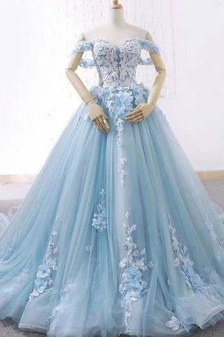 Blue Ball Gown Delicate Florals Prom Gown Long Tulle Prom Dress with Chapel Train,GDC1150-Dolly Gown