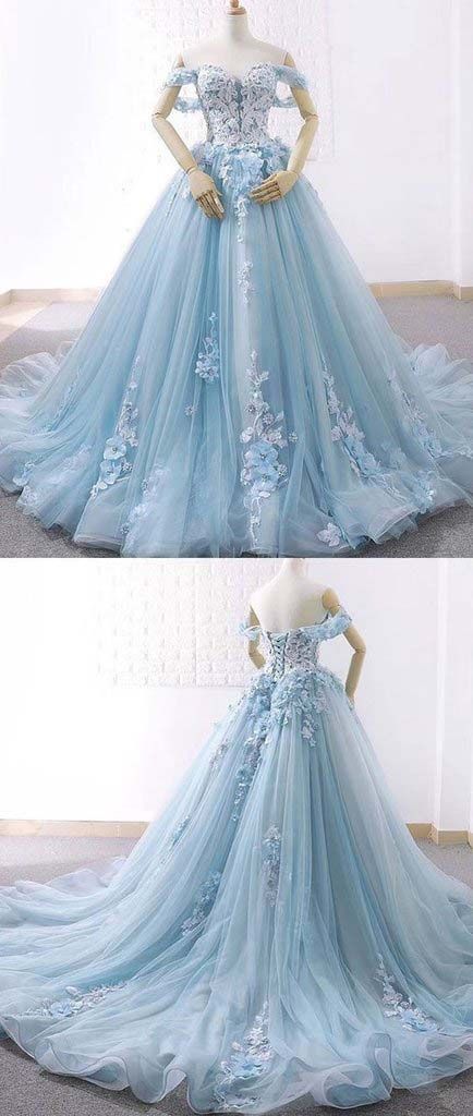 Blue Ball Gown Delicate Florals Prom Gown Long Tulle Prom Dress