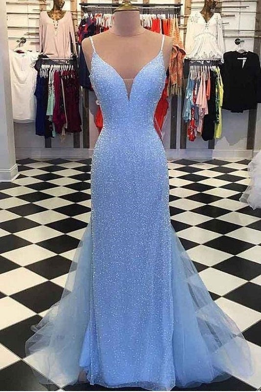 Blue Dazzling Beading Sheath Prom Dress,Formal Graduation Dress,GDC1222-Dolly Gown