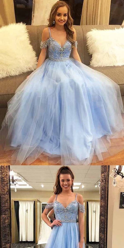Blue Formal Sweet 16 Graduation Long Tulle Prom Dress with Delicate Beading,GDC1170-Dolly Gown