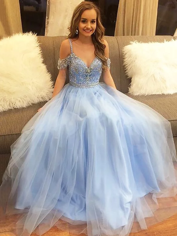 Blue Formal Sweet 16 Graduation Long Tulle Prom Dress with Delicate Beading Blue Formal Sweet 16 Graduation Long Tulle Prom Dress with Delicate Beading