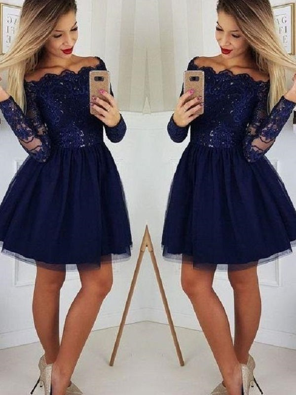 Blue Long Sleeves Mini Short Homecoming Dress,Short Prom Dress,GDC1308-Dolly Gown