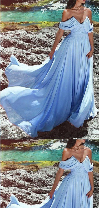Cheap Blue Off Shoulders Flowy Chiffon Beach Wedding Dress,,Vestido de Novia,GDC1258-Dolly Gown