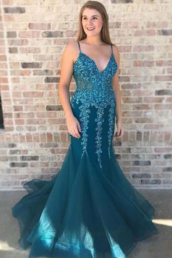 Blue Organza Lace Appliques Mermaid See Through Prom Dress Formal Dress,GDC1256-Dolly Gown