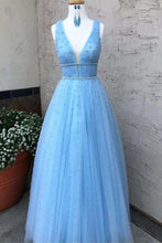 Blue Tulle Plunge V neck Occasion Prom Dress with scattering Beading ,GDC1243-Dolly Gown