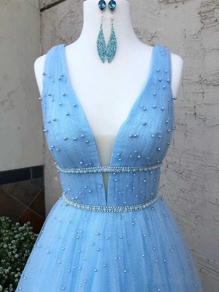 Blue Tulle Plunge V neck Occasion Prom Dress with scattering Beading ,GDC1243-Dolly Gown