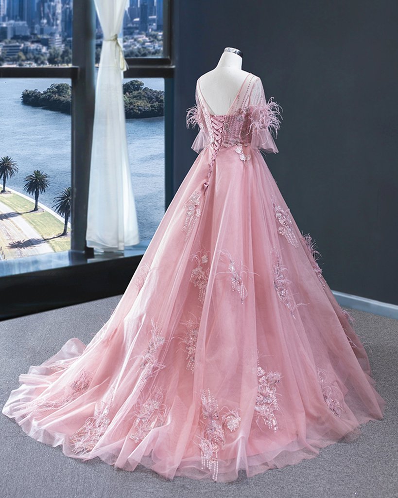 Blush Pink Ball Gown with Sleeves Pink Formal Dress Long - DollyGown