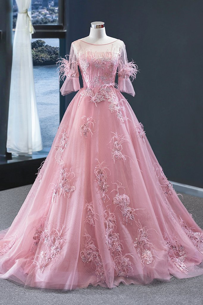 Blush Pink Ball Gown with Sleeves Pink Formal Dress Long - DollyGown