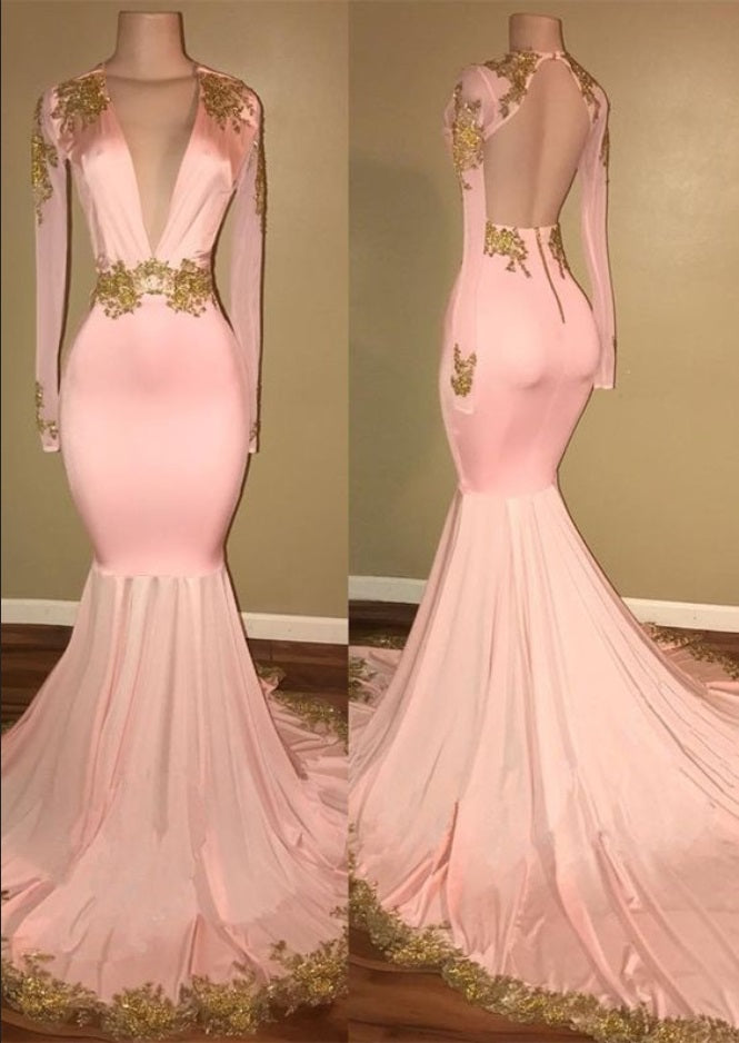 Blush Pink Deep V neck Tight Prom Dress with Sleeves - Dollygown