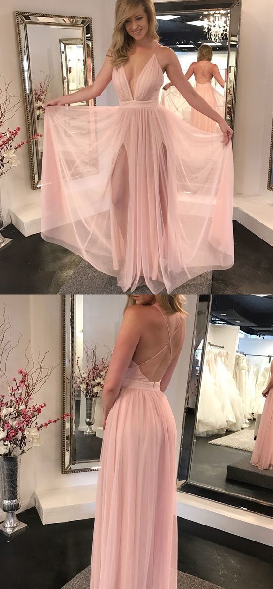 Blush Pink Flowy Side Slits Plunge V neck Sexy Party Prom Dress Blush Pink Flowy Side Slits Plunge V neck Sexy Party Prom Dress